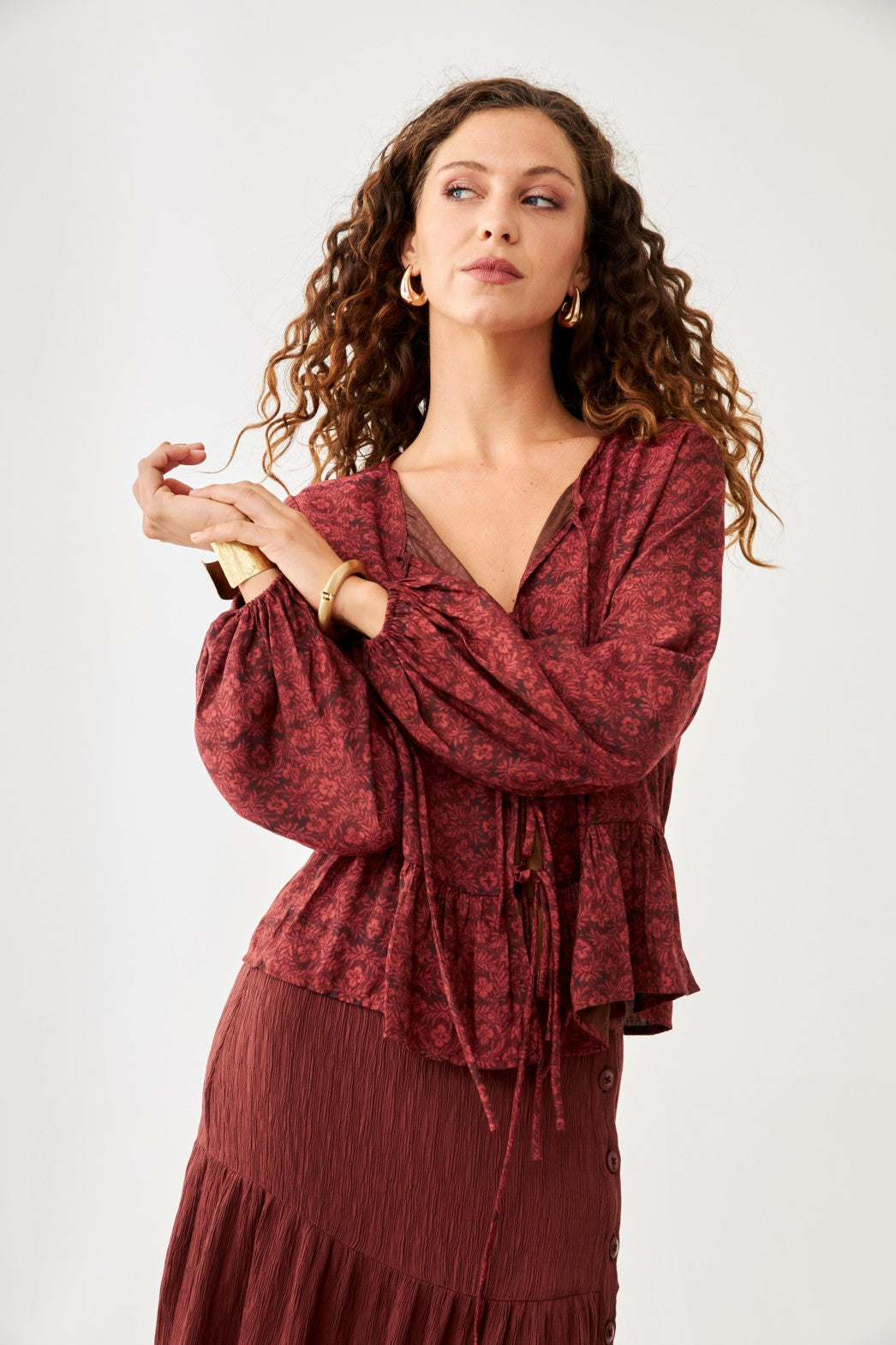 Floral Blouse with Bows - Burgundy