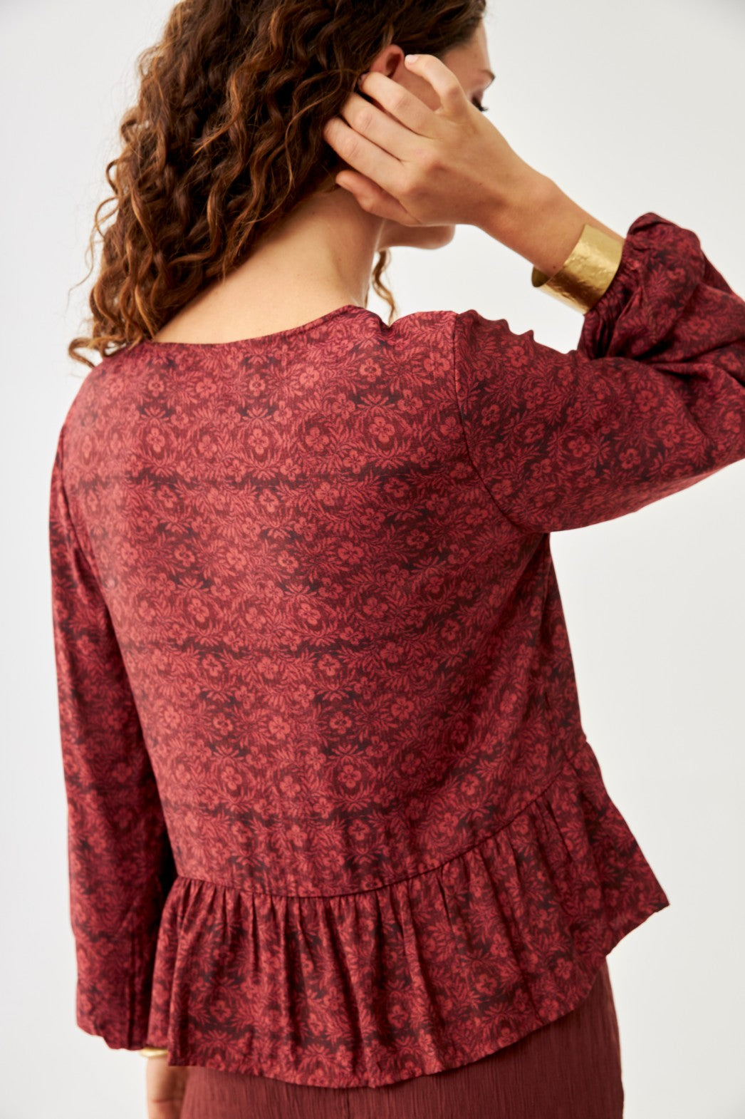 Floral Blouse with Bows - Burgundy