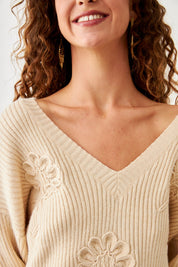 FLOWER RIBBED KNIT SWEATER - IVORY