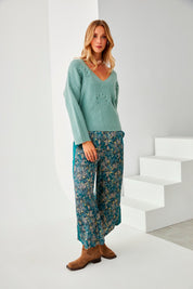 FLOWER RIBBED KNIT SWEATER - GREEN