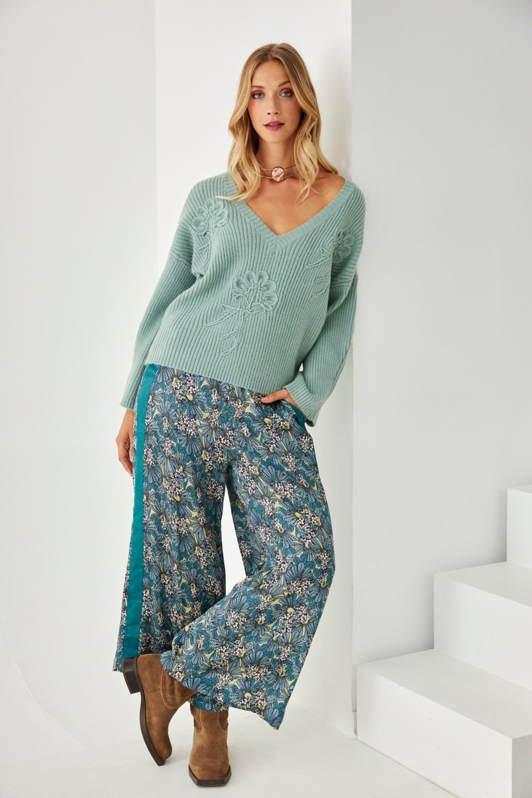 FLOWER RIBBED KNIT SWEATER - GREEN