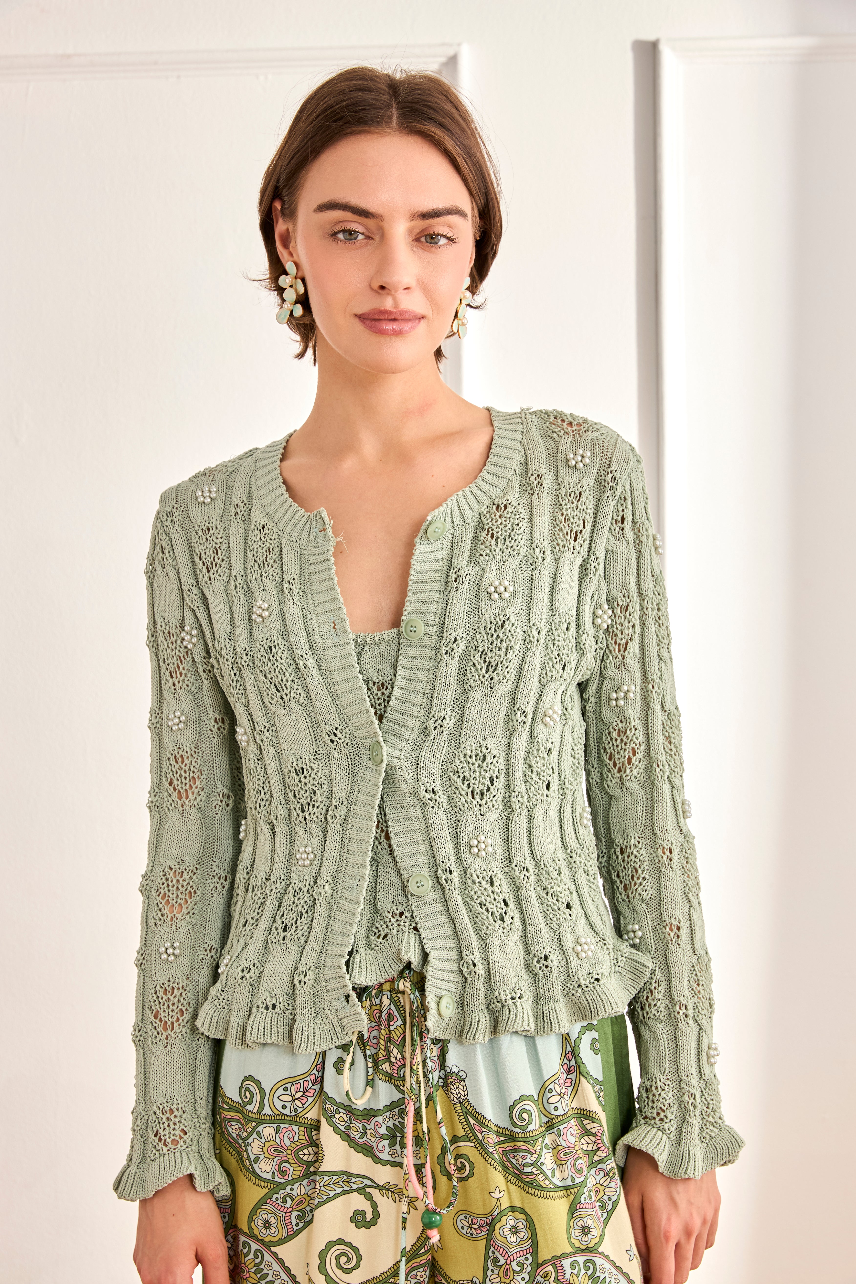 TWIN SET CARDIGAN AND TOP WITH FANTASY PEARLS - GREEN – NKNnekane