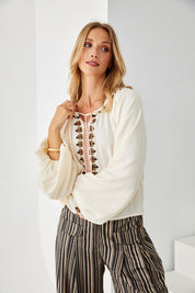 EMBROIDERED LEAF BLOUSE WITH POMPOMS - IVORY