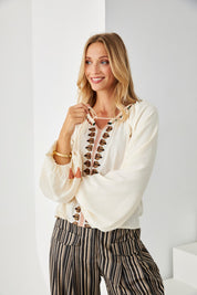 EMBROIDERED LEAF BLOUSE WITH POMPOMS - IVORY