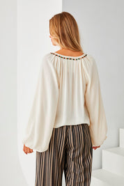 EMBROIDERED LEAF BLOUSE WITH POMPOMS - IVORY