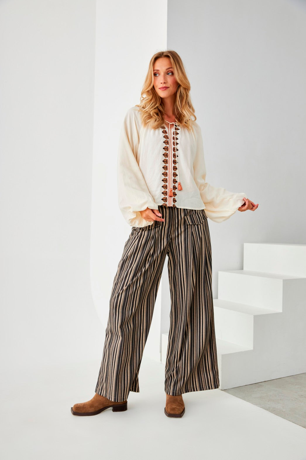 EMBROIDERED LEAF BLOUSE WITH POMPOMS - IVORY