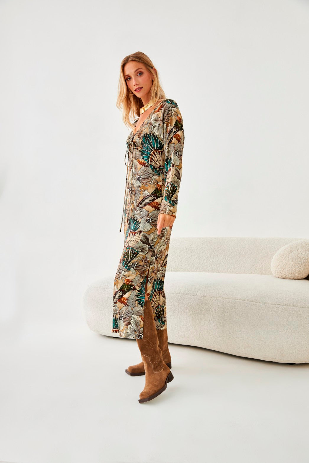 VESTIDO RETRO FLORAL - CAMEL