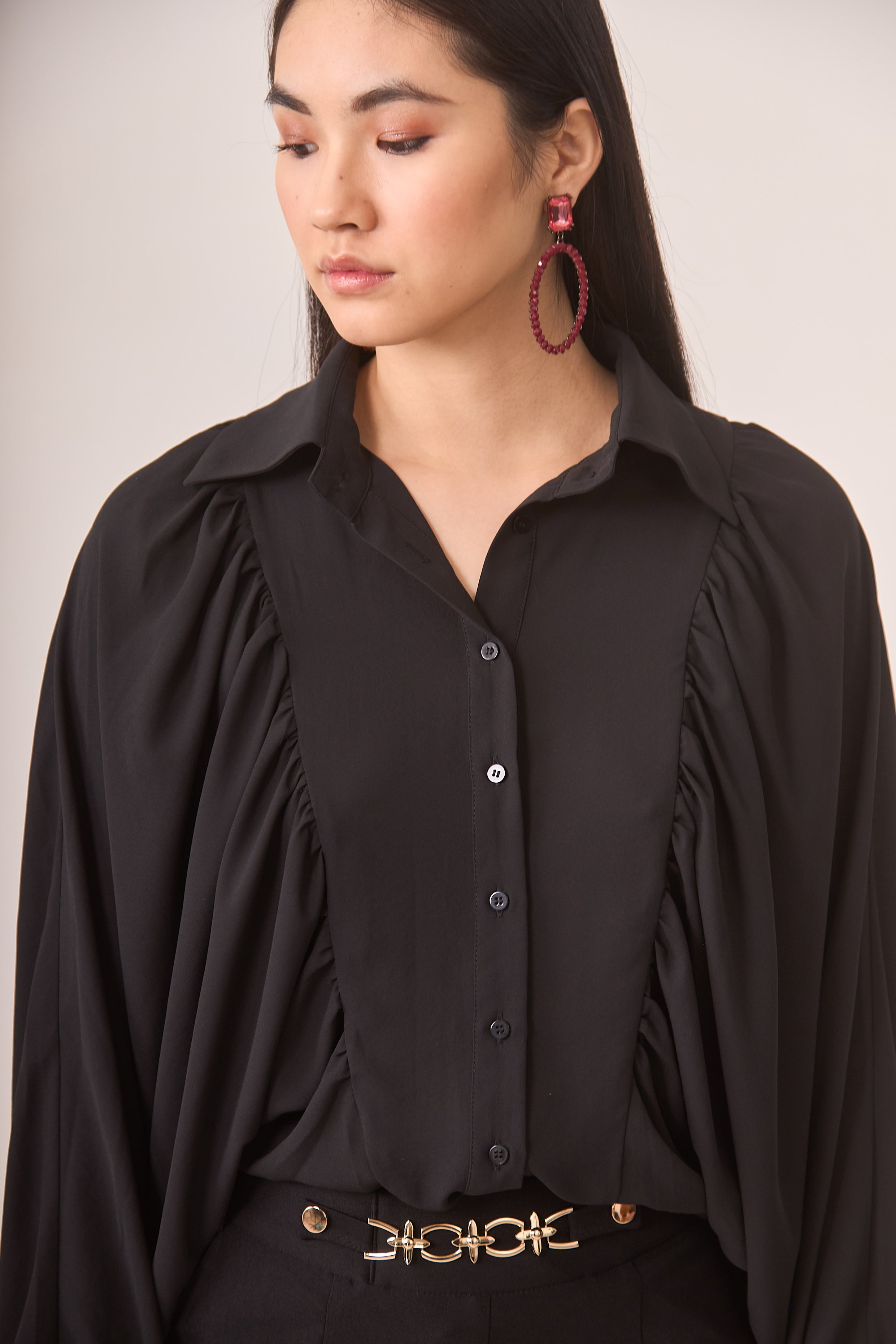 Flowy Blouse with Batwing Sleeves - Black