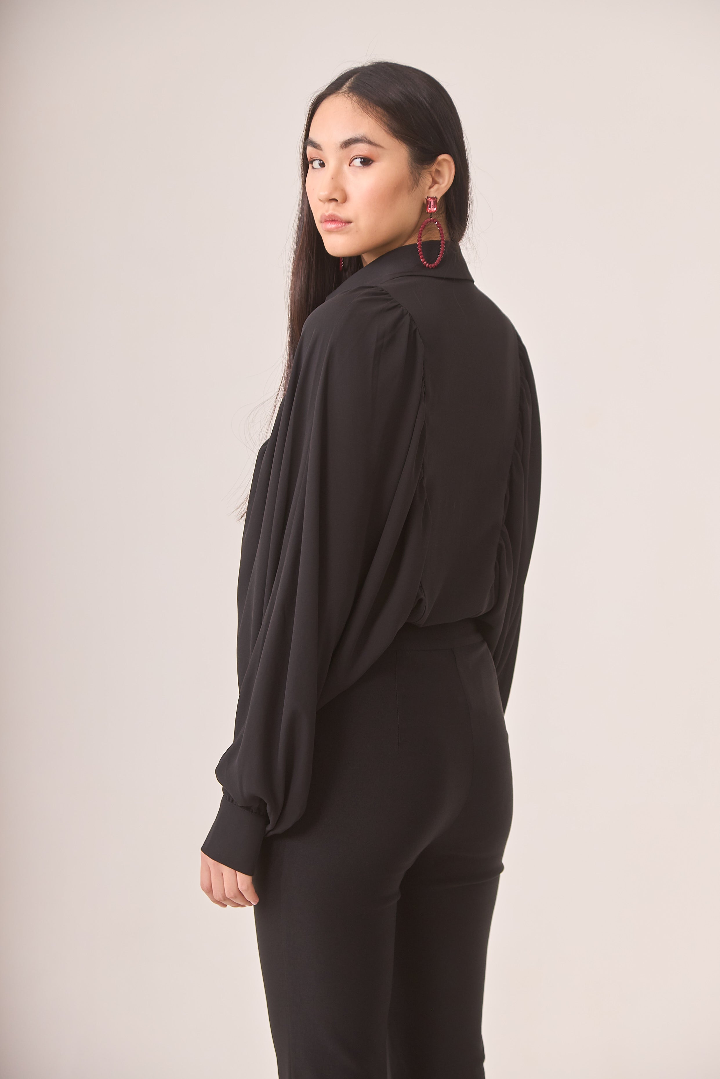 Flowy Blouse with Batwing Sleeves - Black