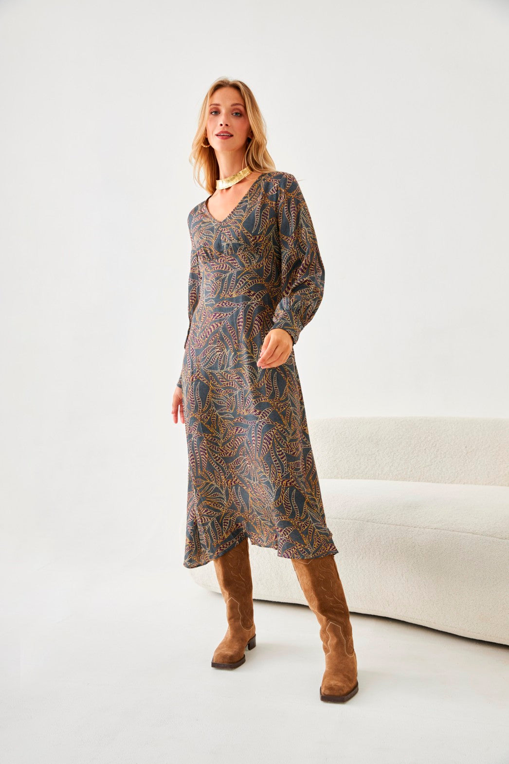 VESTIDO MIDI PLANTAS - GREY