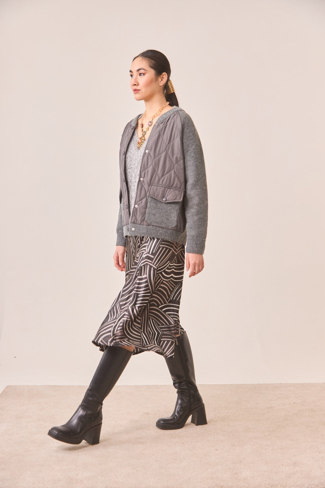 Printed MIDI Skirt - Black