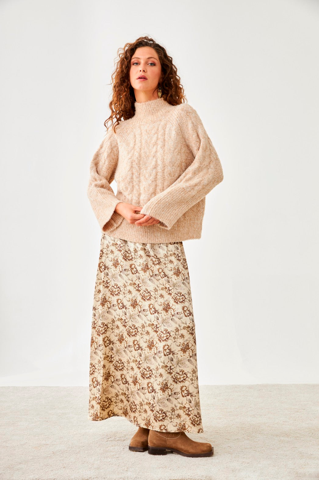 FALDA LARGA FLUIDA FLORES  - IVORY