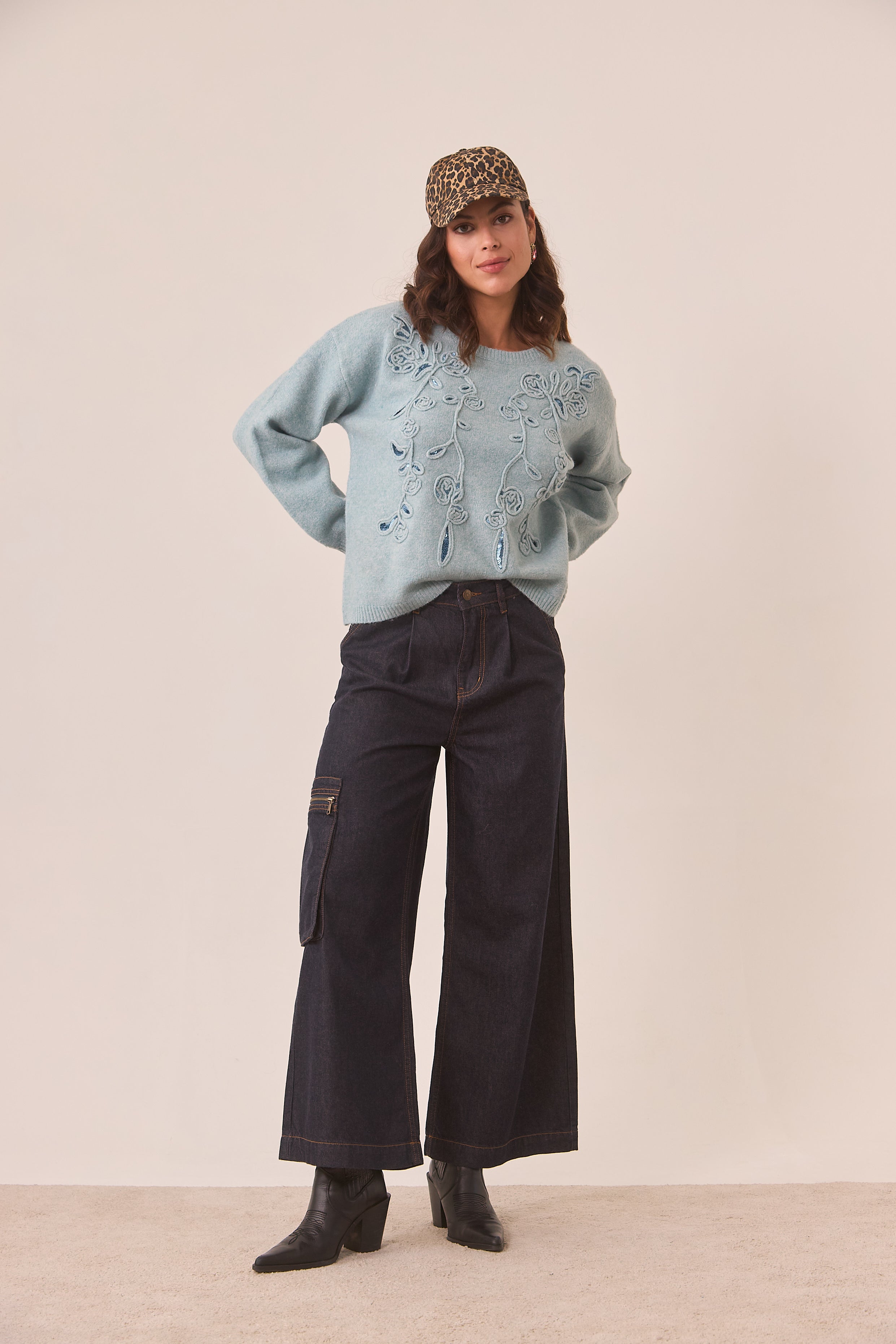 JEANS WIDE LEG CARGO - DENIM