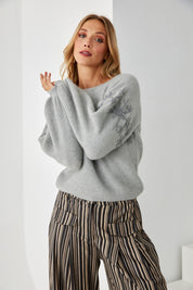 BALLOON SLEEVE SWEATER WITH EMBROIDERED FLOWERS - GREEN