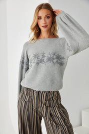 BALLOON SLEEVE SWEATER WITH EMBROIDERED FLOWERS - GREEN