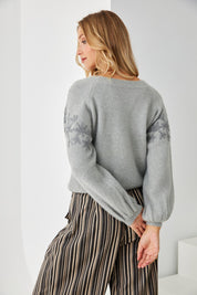 BALLOON SLEEVE SWEATER WITH EMBROIDERED FLOWERS - GREEN