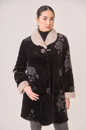 FUR FLOWER COAT WITH JEWEL BUTTON - BLACK