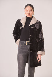 FUR FLOWER COAT WITH JEWEL BUTTON - BLACK