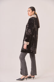FUR FLOWER COAT WITH JEWEL BUTTON - BLACK