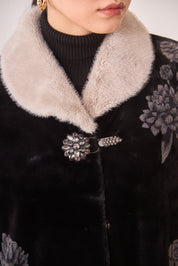 FUR FLOWER COAT WITH JEWEL BUTTON - BLACK