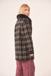 ABRIGO CUADROS CUELLO PELO - BLACK