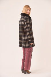 ABRIGO CUADROS CUELLO PELO - BLACK