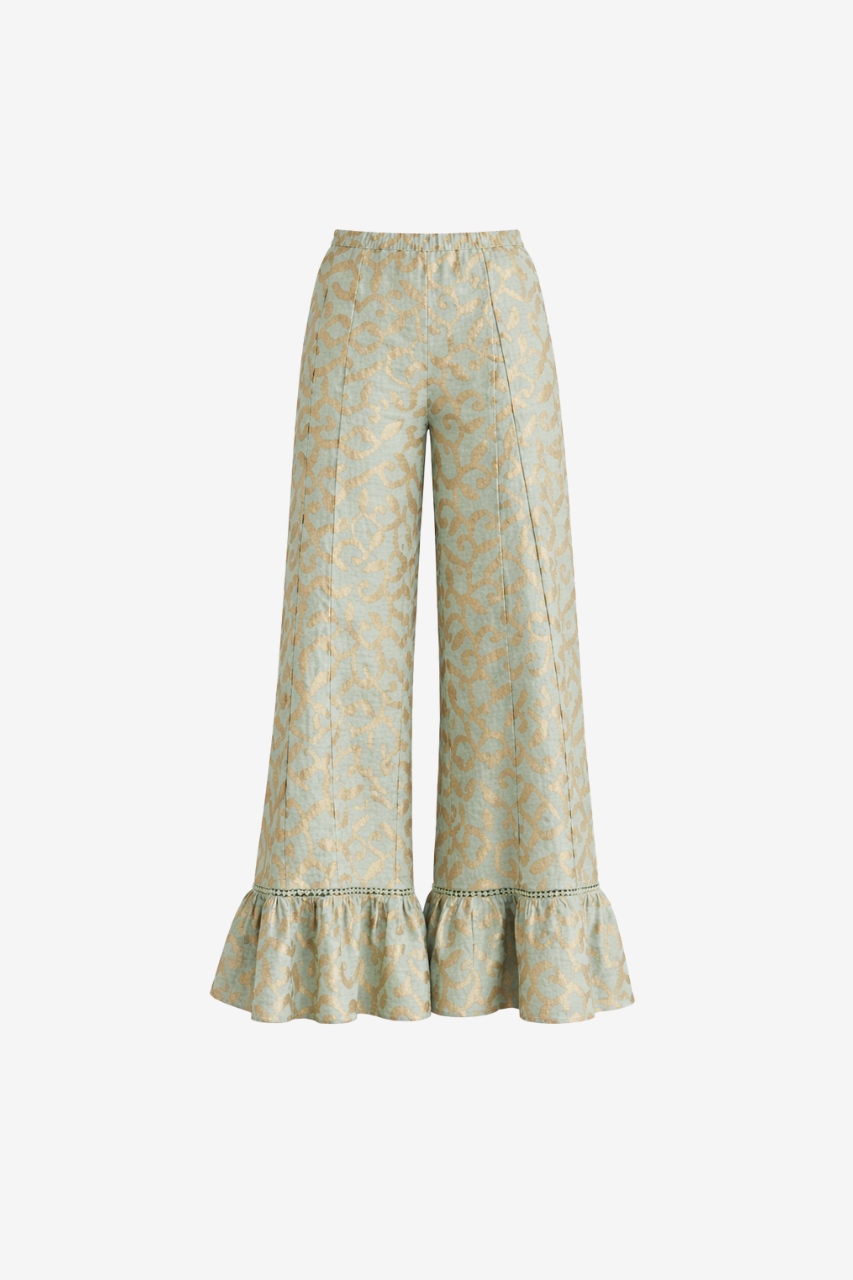 PANTALÓN PINZAS Y VOLANTES LENTEJUELAS - AZUL