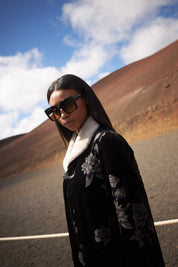 FUR FLOWER COAT WITH JEWEL BUTTON - BLACK