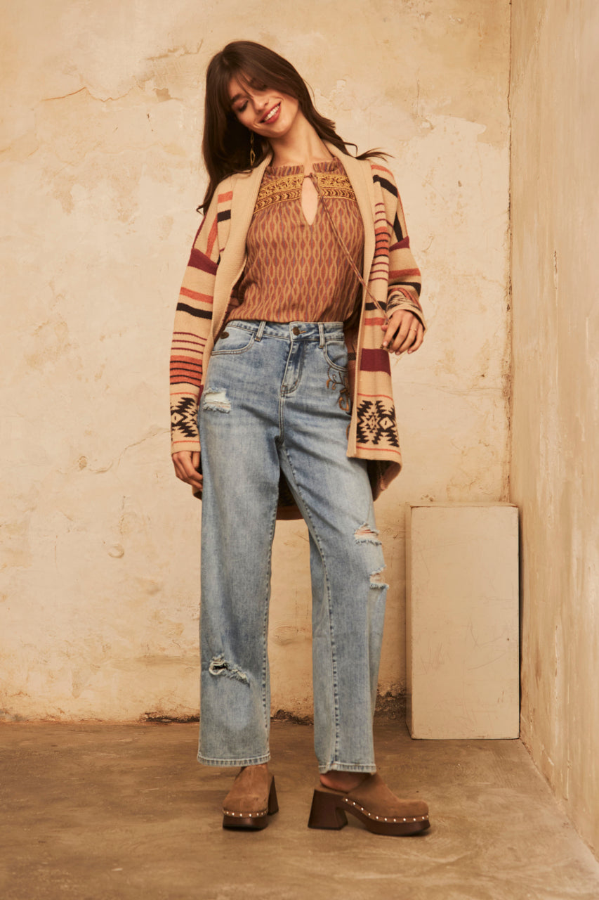 Long-sleeved flowing blouse with embroidery - Camel