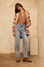 Long-sleeved flowing blouse with embroidery - Camel