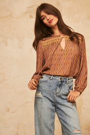Long-sleeved flowing blouse with embroidery - Camel