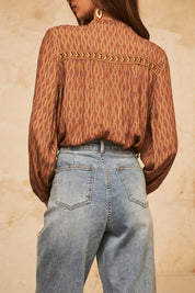 Long-sleeved flowing blouse with embroidery - Camel