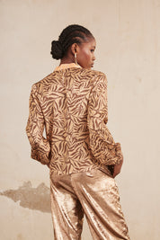 Long-sleeved flowing blouse with rhinestone print - Camel