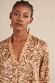 Long-sleeved flowing blouse with rhinestone print - Camel
