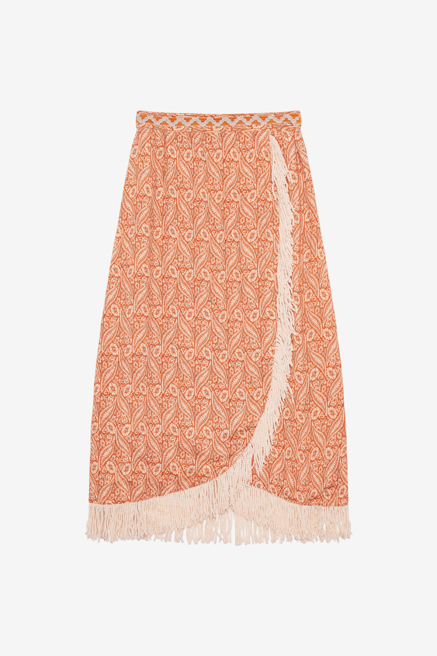 FALDA MIDI PAREO ESTAMPADA CON BORDADO Y FLECOS - PEACH