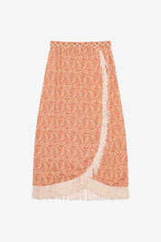 FALDA MIDI PAREO ESTAMPADA CON BORDADO Y FLECOS - PEACH