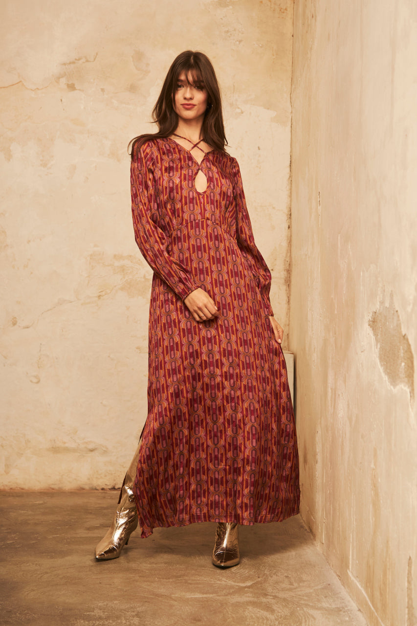 Printed Long-Sleeved MIDI Dress - Magenta