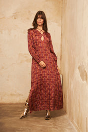 Printed Long-Sleeved MIDI Dress - Magenta