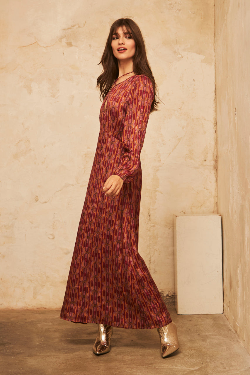 Printed Long-Sleeved MIDI Dress - Magenta