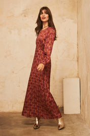 Printed Long-Sleeved MIDI Dress - Magenta