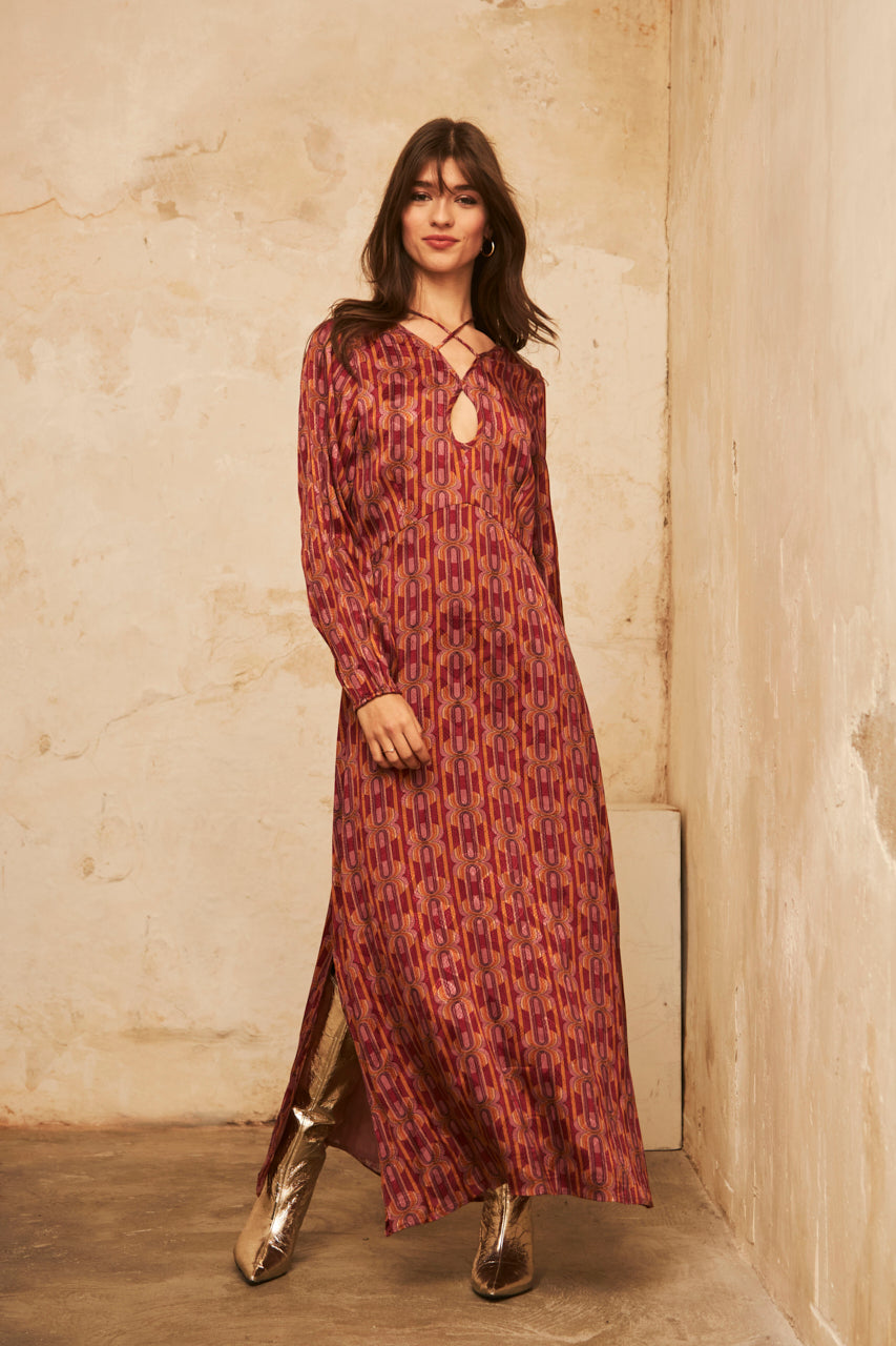 Printed Long-Sleeved MIDI Dress - Magenta