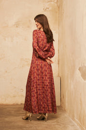 Printed Long-Sleeved MIDI Dress - Magenta