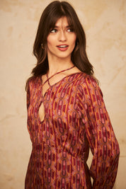 Printed Long-Sleeved MIDI Dress - Magenta