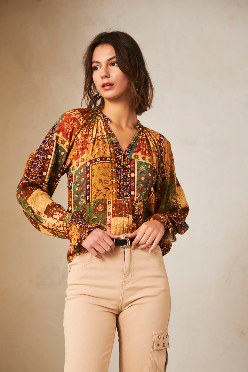 Long-sleeved printed blouse with embroidery - brick