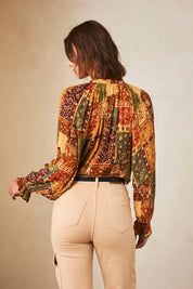 Long-sleeved printed blouse with embroidery - brick
