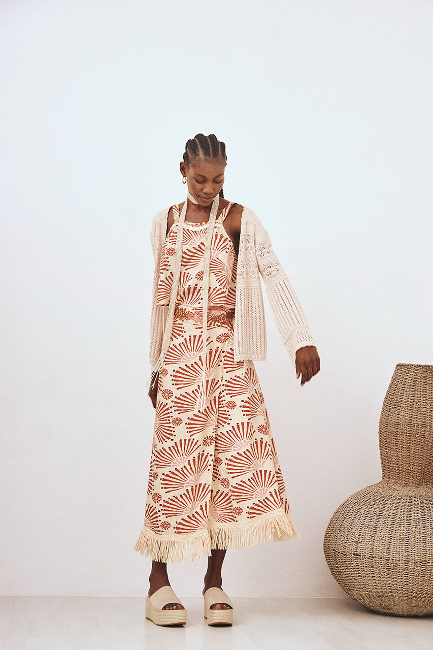 BEIGE L EMBROIDERED FRINGED PRINTED MIDI PAREO SKIRT - BEIGE