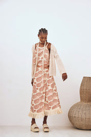 BEIGE L EMBROIDERED FRINGED PRINTED MIDI PAREO SKIRT - BEIGE