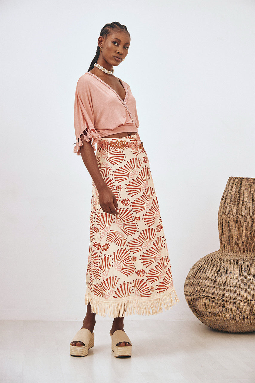 BEIGE L EMBROIDERED FRINGED PRINTED MIDI PAREO SKIRT - BEIGE
