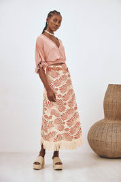 BEIGE L EMBROIDERED FRINGED PRINTED MIDI PAREO SKIRT - BEIGE