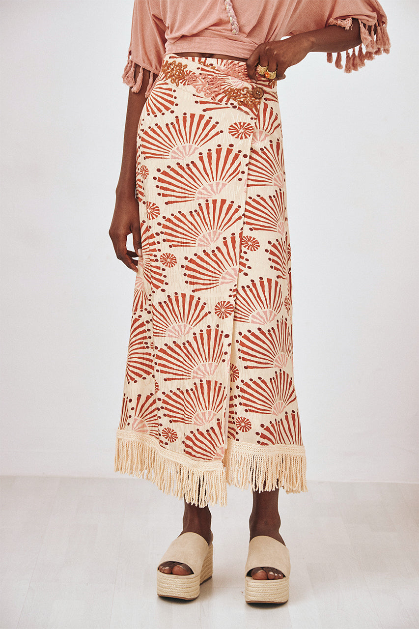BEIGE L EMBROIDERED FRINGED PRINTED MIDI PAREO SKIRT - BEIGE